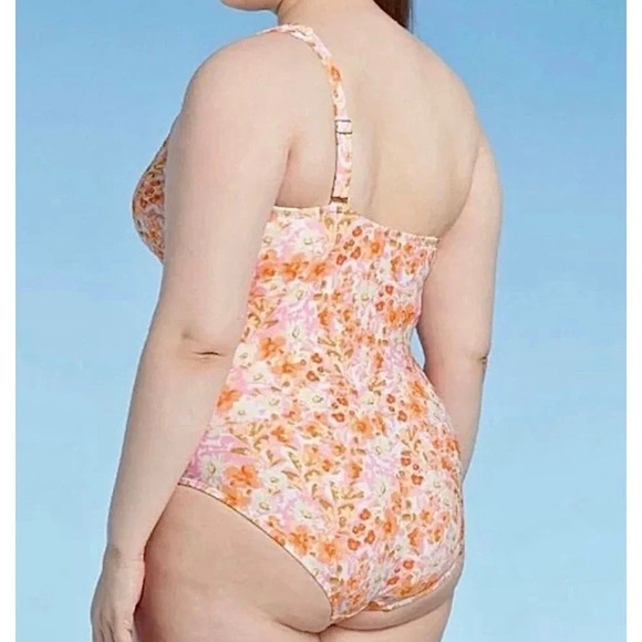 NWT Kona Sol One Piece One Shoulder Orange Floral Print Swimsuit Size 18W - Picture 2 of 7